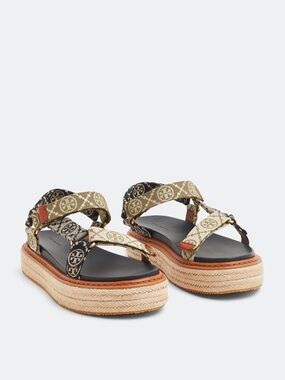 Tory Burch T Monogram Navy & Brown Rope Sport Platform Sandals | Size 10